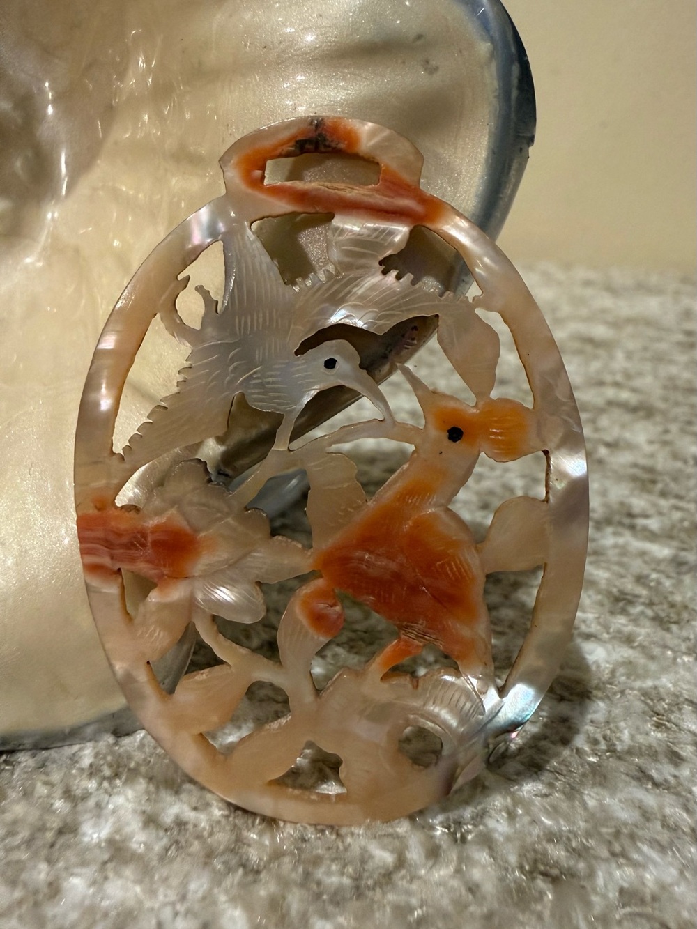 Vintage Hand Carved Mother of Pearl Shell Bird Pendant Oval Pierced Cutout